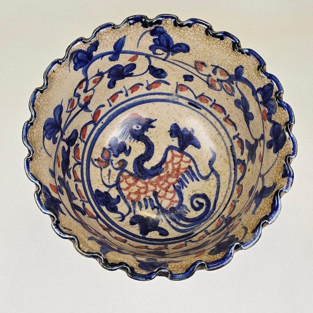 骨董品 中国古磁 青花染付 釉里紅 手絵 鳳紋 海碗 大茶碗 観賞物 美品 在銘