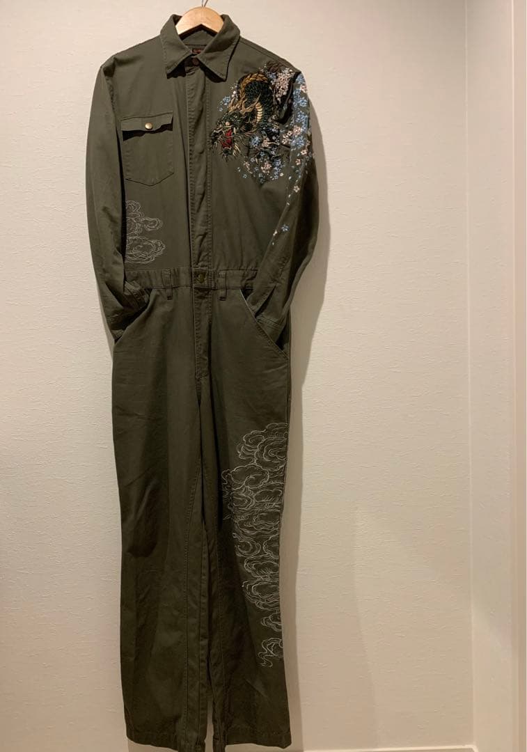 美品　NEVERMIND 和柄つなぎ　カーキ