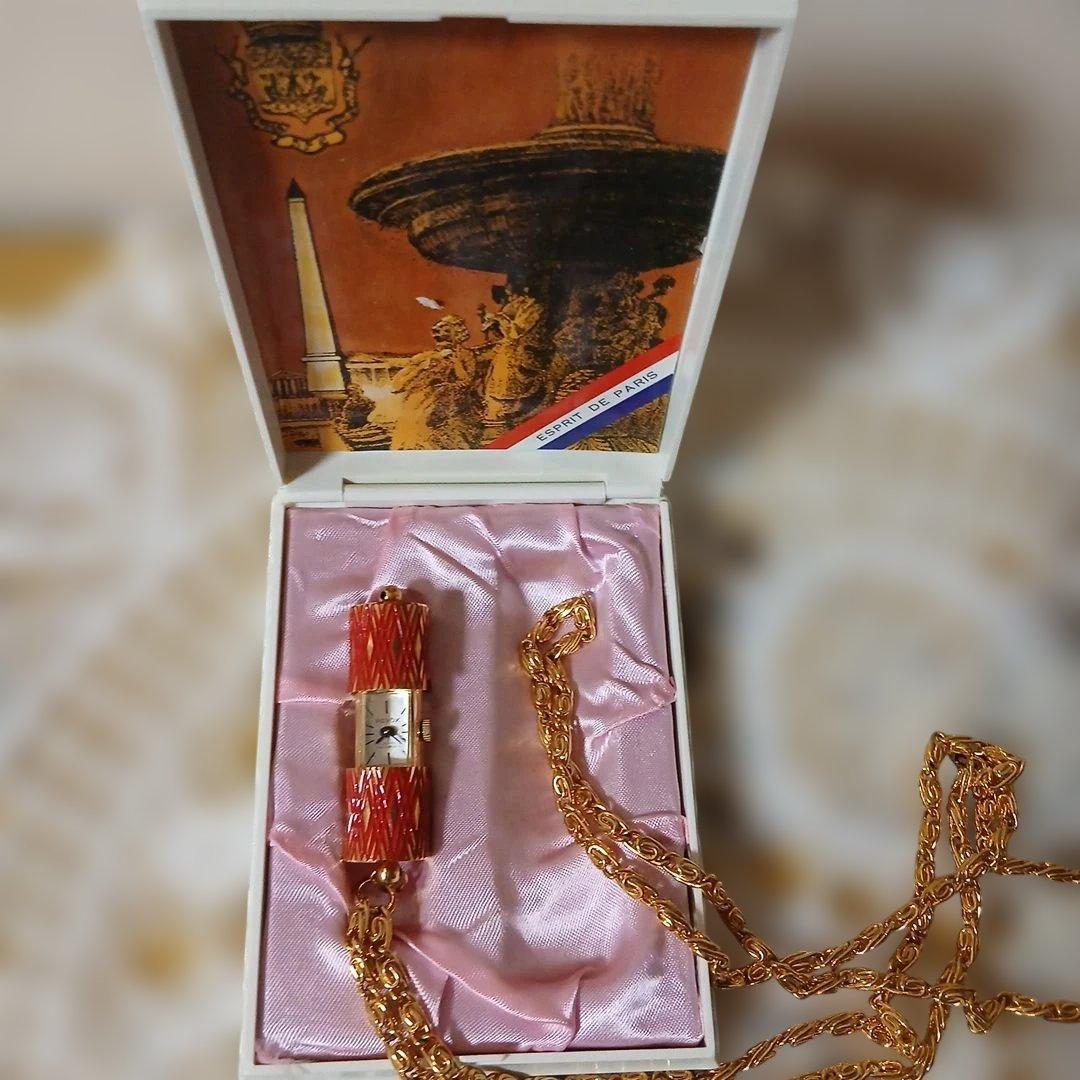 Junjun レッド系装飾的時計内蔵型ネックレス