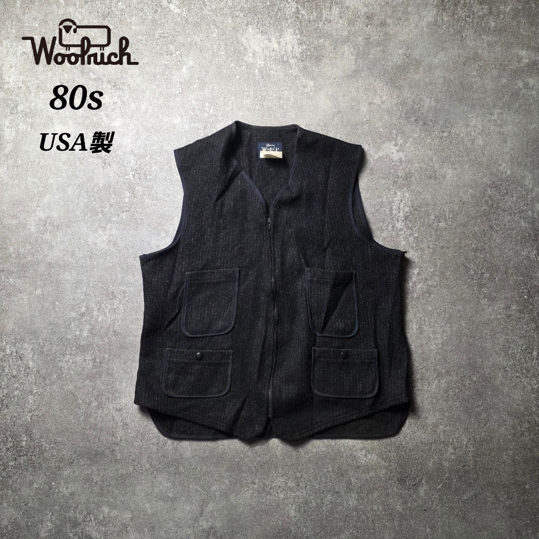 80sUSA製WOOLRICHウールリッチウールフルジップベストブラック黒短丈