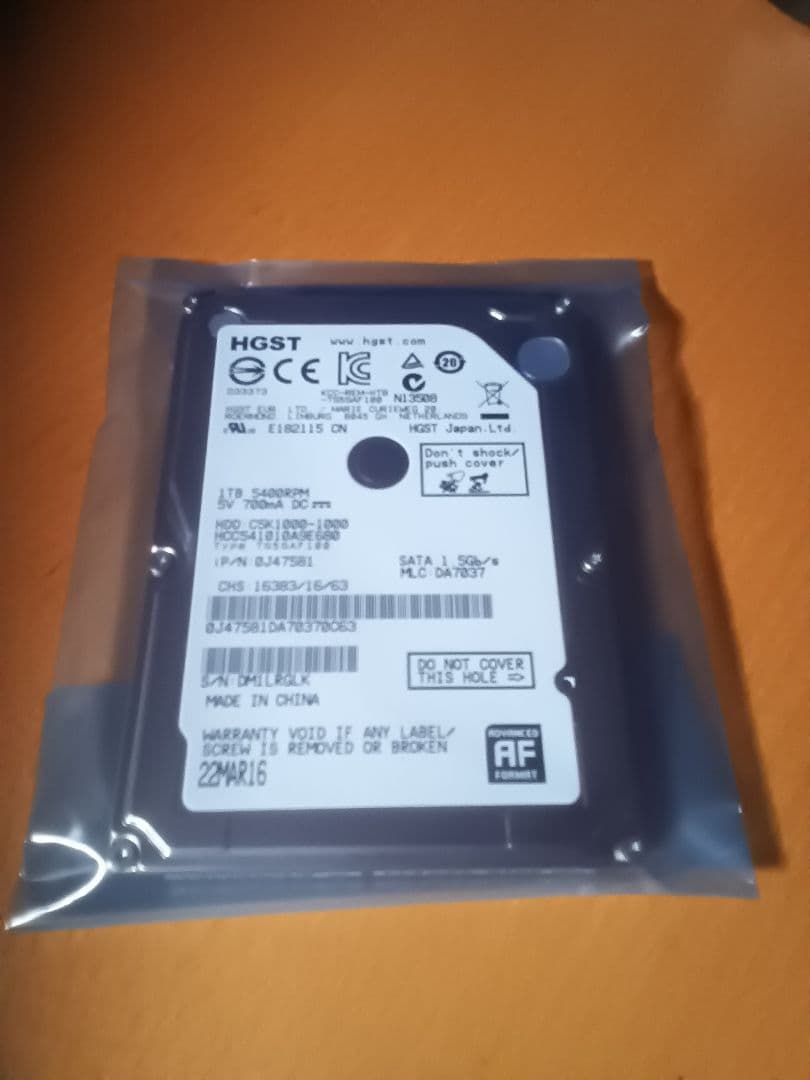 【ほぼ新品】HGST AVコマンド対応 1TB 2.5インチ HDD 7時間