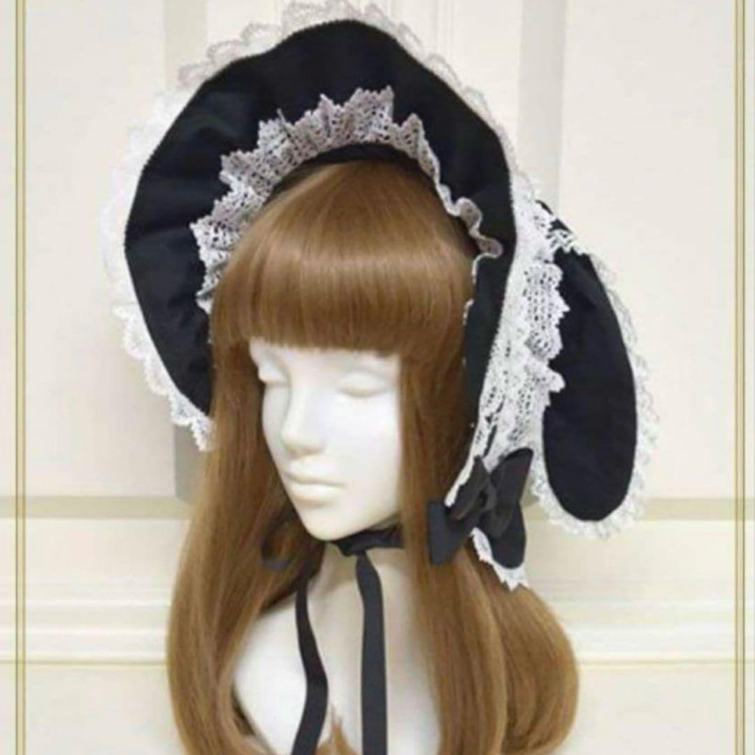 BABY うさみみボンネット　黒×白レース