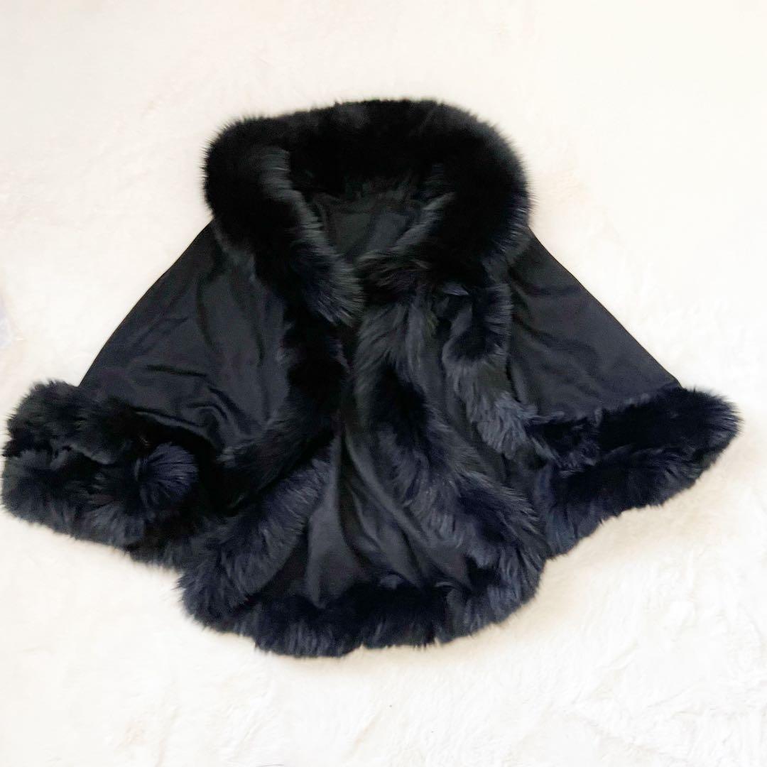 フォックスファー カシミア100% ポンチョ ケープ ブラック