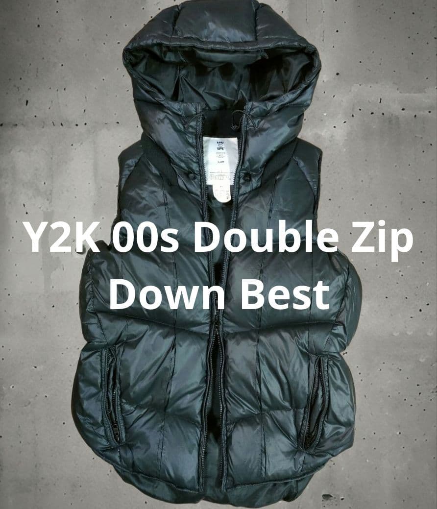 Y2K 00s フード付ダウンベスト ダブルジップ ブラック ボリューム