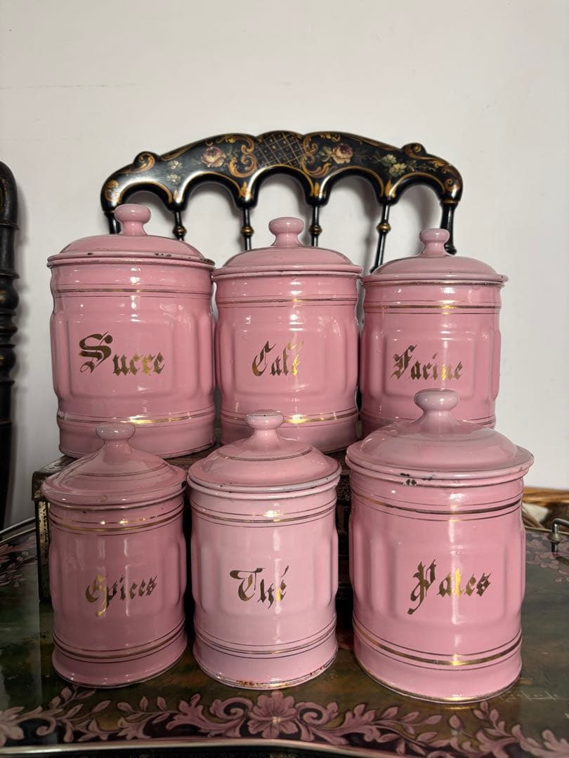 ピンク ホーロー キャニスター 6個セット フランスヴィンテージ