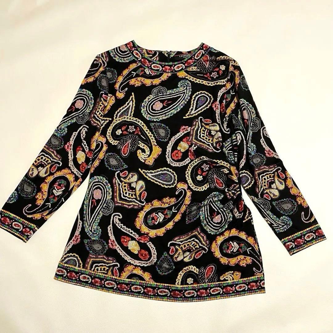 大きいサイズ レオナール シルク混 チュニックカットソー ペイズリー柄 LL