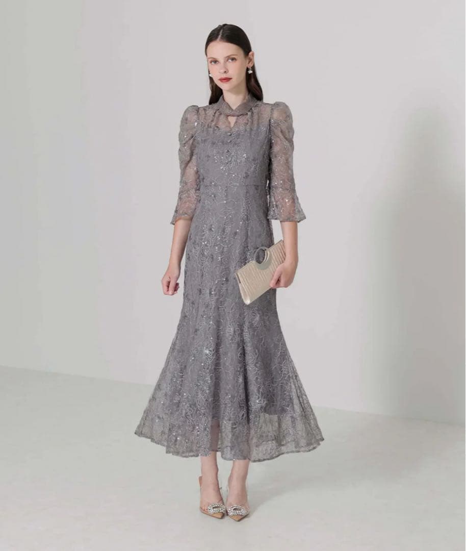 新品　LEJA スパンコール花柄パフスリーブマーメイドワンピースドレス　M