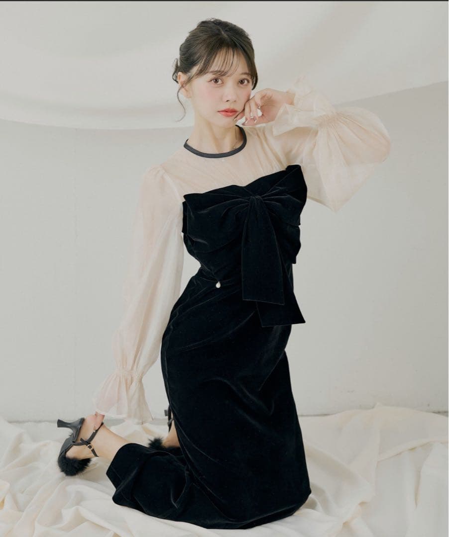 なすびさん専用　チコ　配色シアーリボンベロアワンピース/オケージョン　ブラック