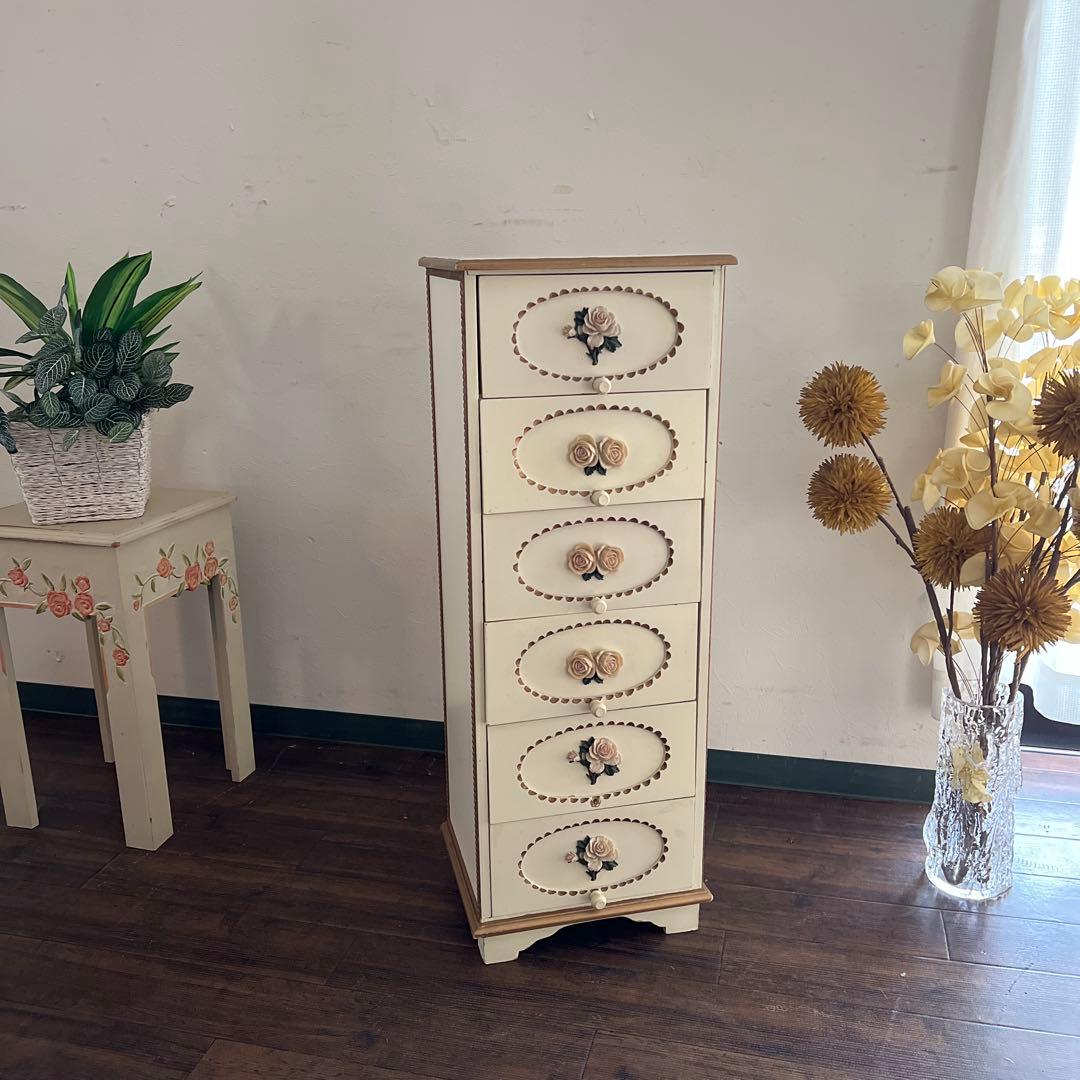 k517r122 フレンチカントリー調 スリムな木製チェスト ローズレリーフ