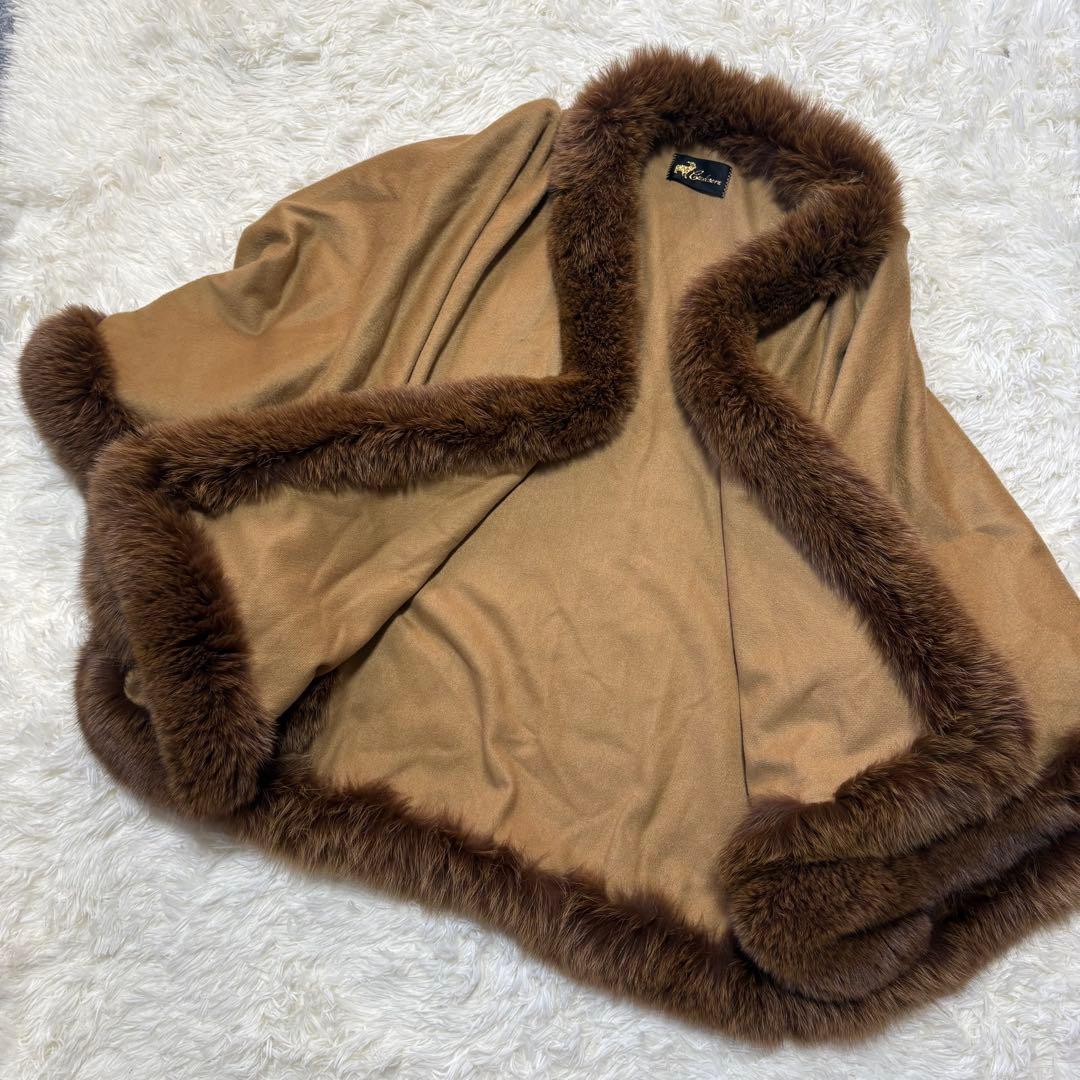 高級 美品✨上質カシミヤ×フォックス ショール ポンチョ ブラウン