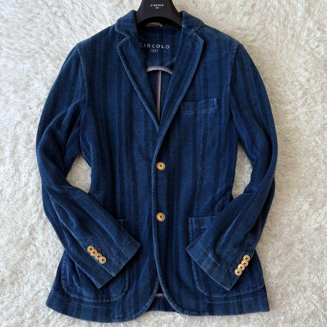チルコロ テーラードジャケット ストライプ パイル ブルー M ロゴボタン 伸縮