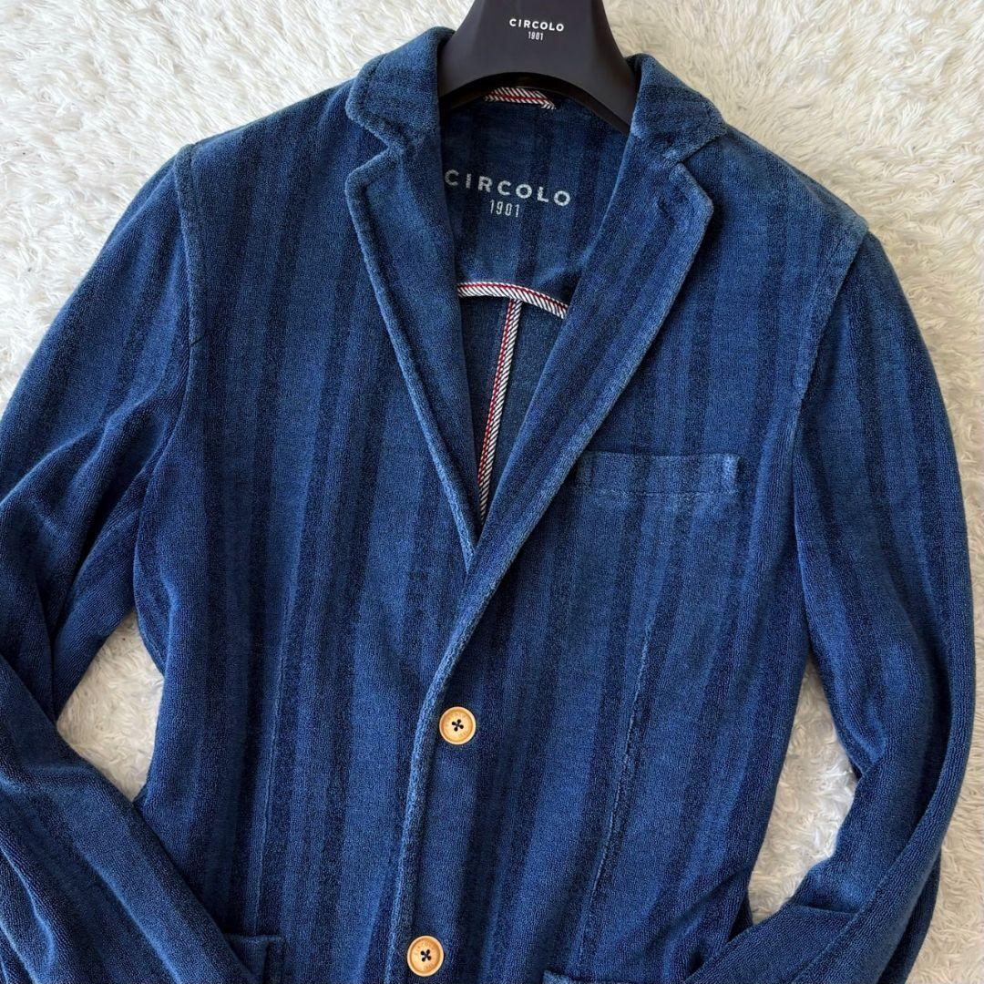 チルコロ テーラードジャケット ストライプ パイル ブルー M ロゴボタン 伸縮