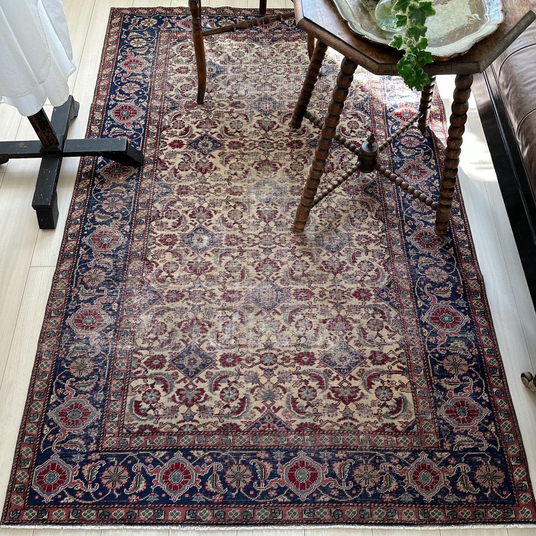 トルコ ヴィンテージラグ 986 レア 最高級 カイセリラグ ベージュ ネイビー