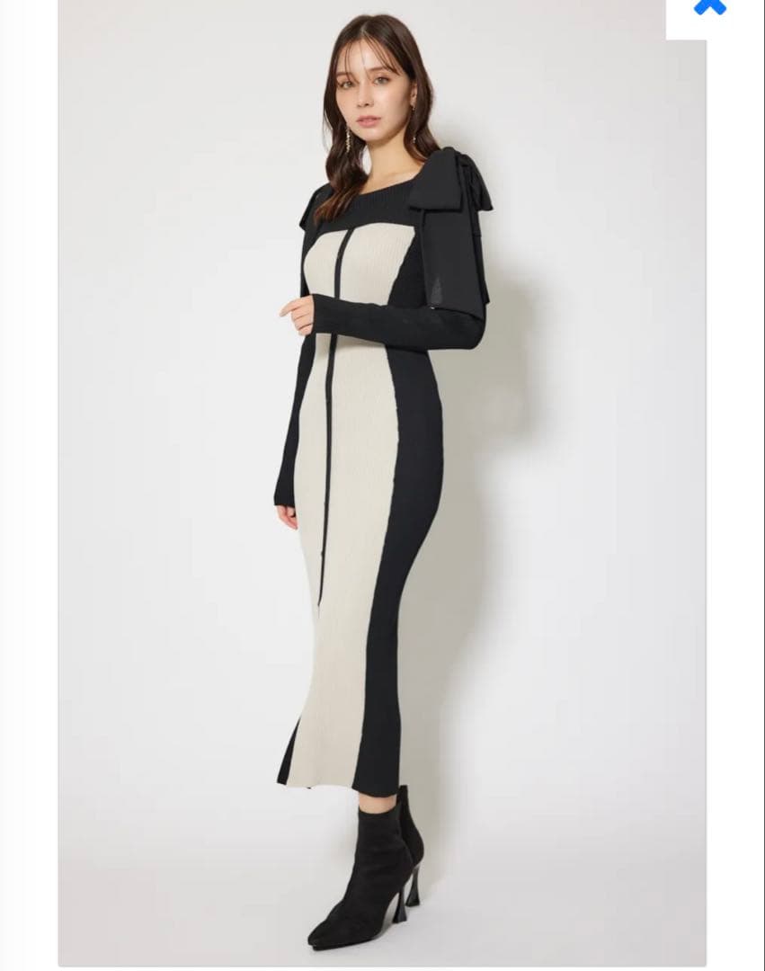 riendaリエンダ　バイカラーオフショルリボンニットワンピース