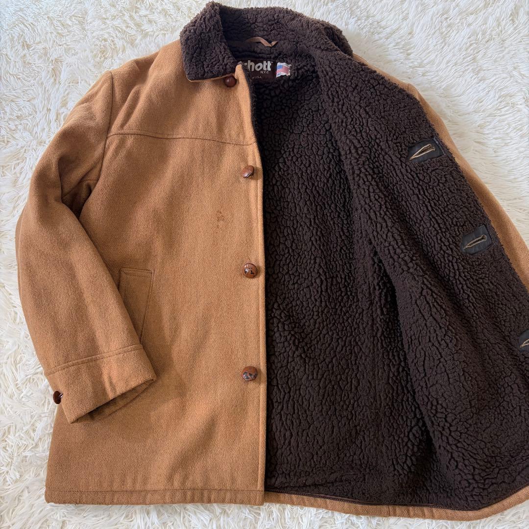 SCHOTT ランチコート ボアジャケット くるみボタン ウール ブラウン L