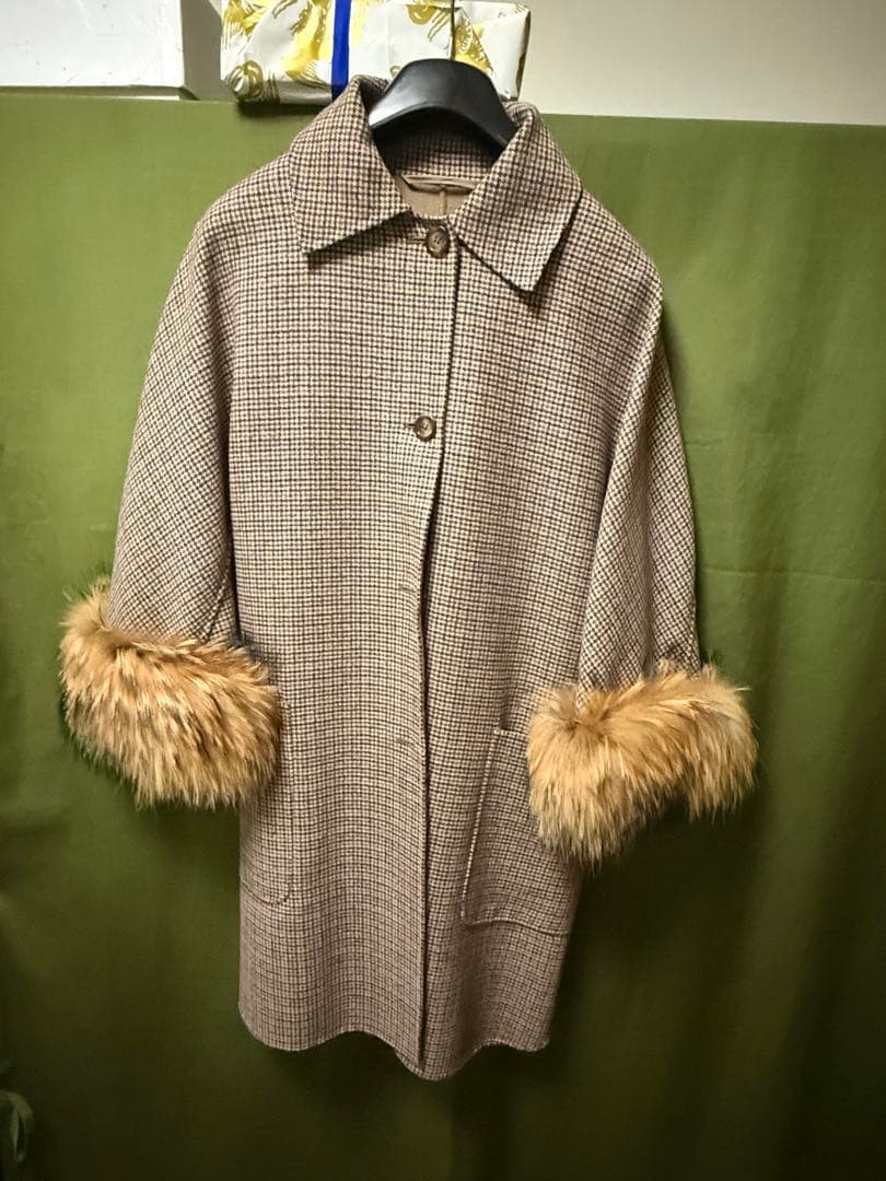 MaxMara チェック柄ファー付きロングコート