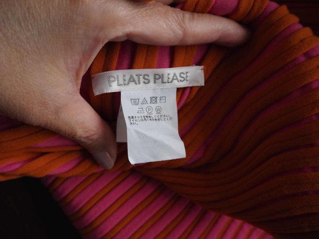 プリーツプリーズ　オレンジとピンクのストライプ 半袖チュニック