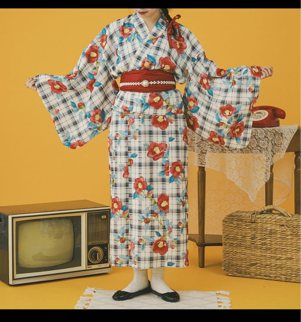 【クティールとレトロ】2wayレトロ浴衣セット 花柄チェックカーディガン風浴衣