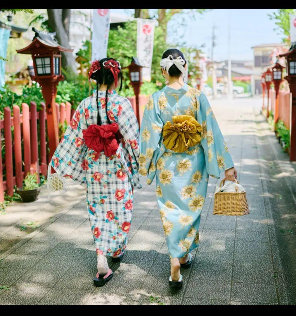 【クティールとレトロ】2wayレトロ浴衣セット 花柄チェックカーディガン風浴衣