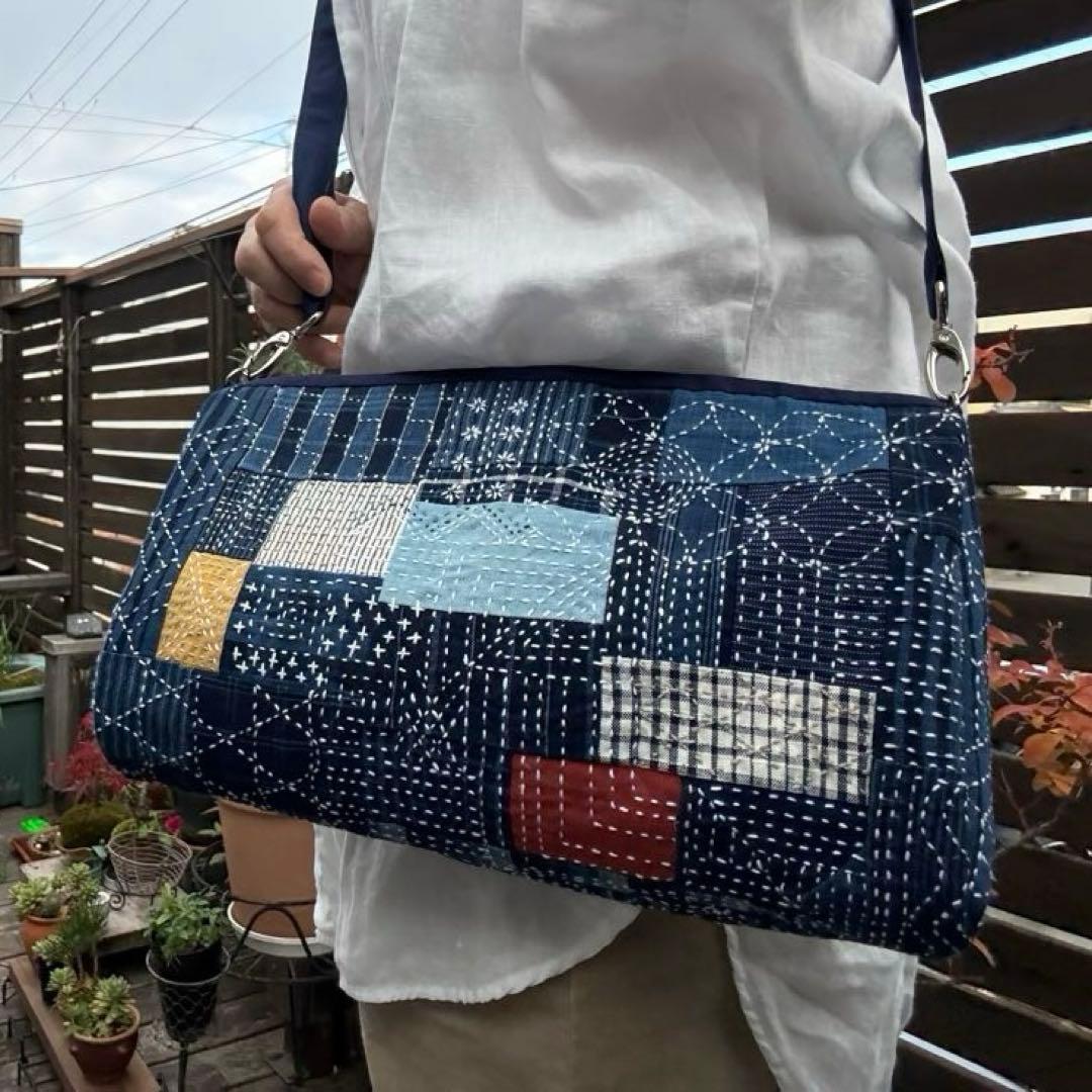 新作✴︎松阪もめん縞模様×刺し子のパッチワークキルト　ハンドメイドショルダーバッグ