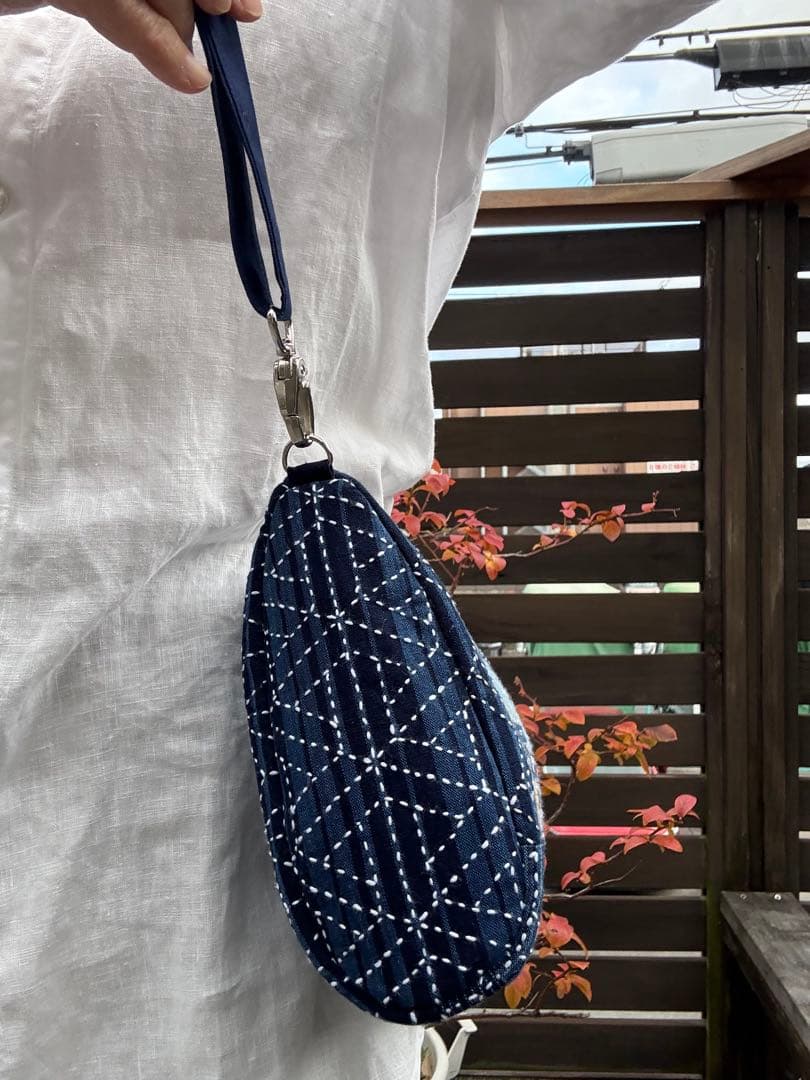 新作✴︎松阪もめん縞模様×刺し子のパッチワークキルト　ハンドメイドショルダーバッグ