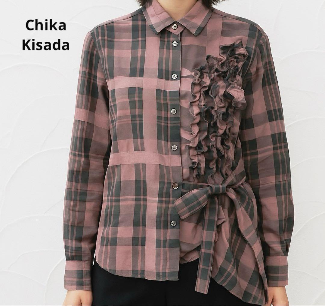 チカキサダ 長袖 フリルデザイン ブラウス チェック リボン アシンメトリー