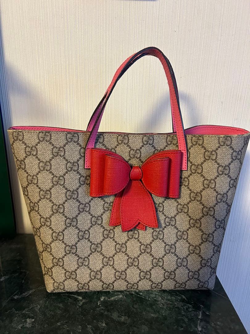 GUCCI リボン付きトートバッグ ベージュ/ピンク