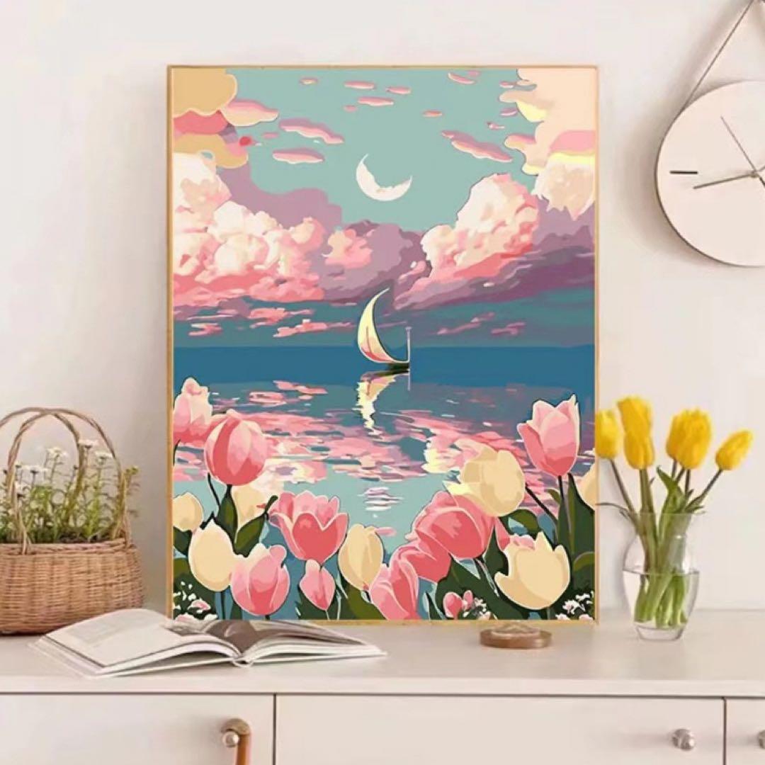 風景画 デジタルアート ボートと花