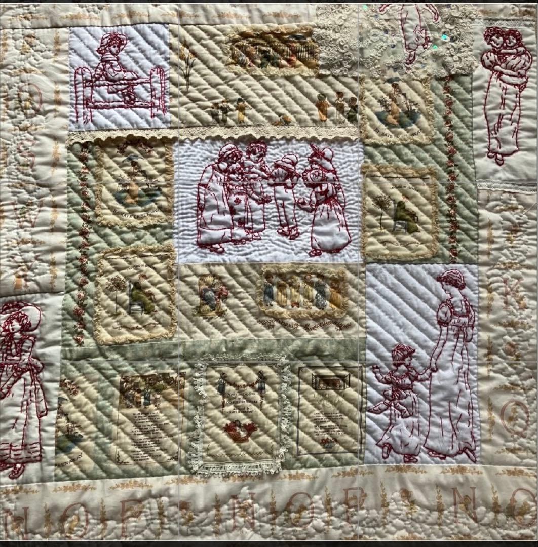 ケイトグリーナウェイの図案のレッド刺繍と生地のパッチワークキルトタペストリー