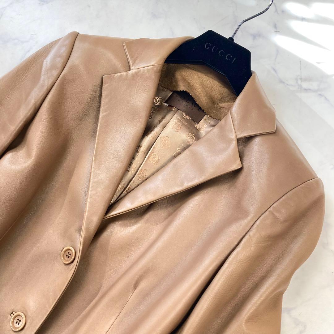 LOEWE ロエベ レザージャケット アナグラム 子羊 ベージュ ロゴ総柄