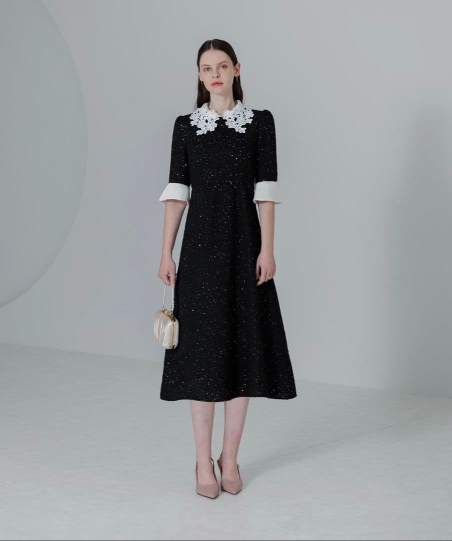 美品✨️Leja 花柄レースカラースパンコール刺繍Aラインフレアドレスワンピース