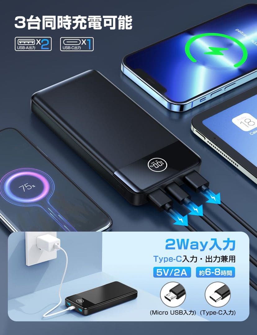 モバイルバッテリー 22.5W/20W対応 急速充電 3台同時充電