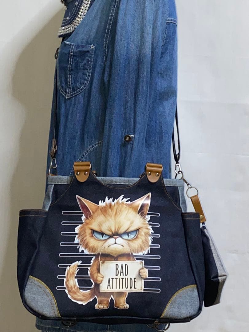 ☆岡山デニム☆悪ネコ☆トラ猫☆両面リュック対応☆4wayあおりバッグ