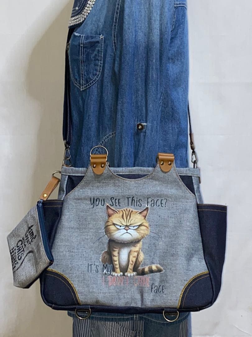 ☆岡山デニム☆悪ネコ☆トラ猫☆両面リュック対応☆4wayあおりバッグ