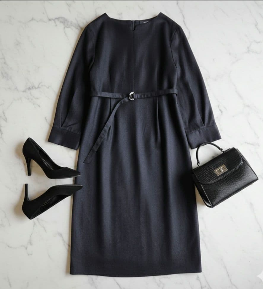 アンタイトル　ウール混キーネックワンピース　スリットネック　XL　2L　濃紺