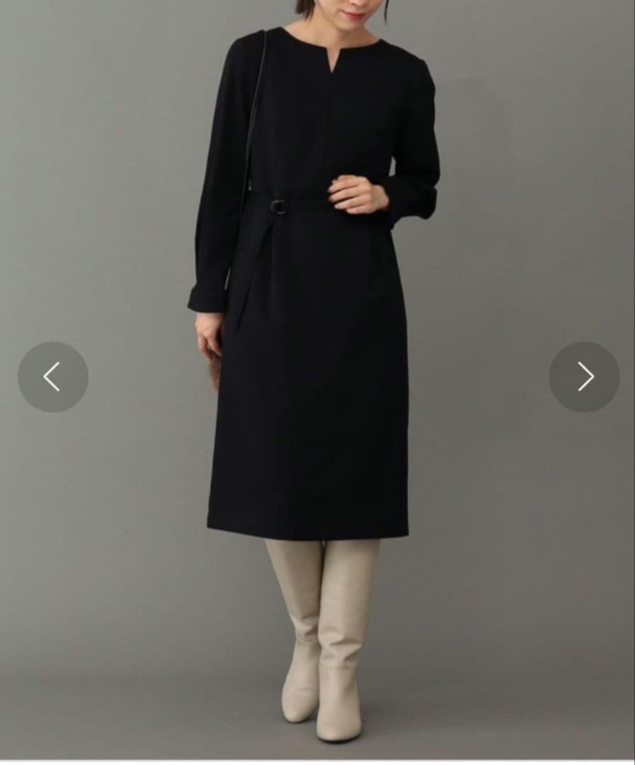 アンタイトル　ウール混キーネックワンピース　スリットネック　XL　2L　濃紺