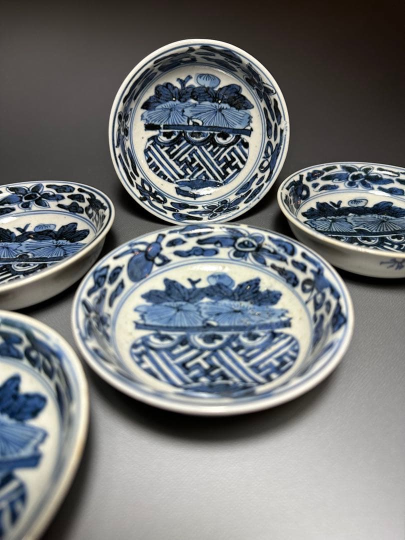 古伊万里　花籠紋様　小皿　豆皿　5枚セット　染付