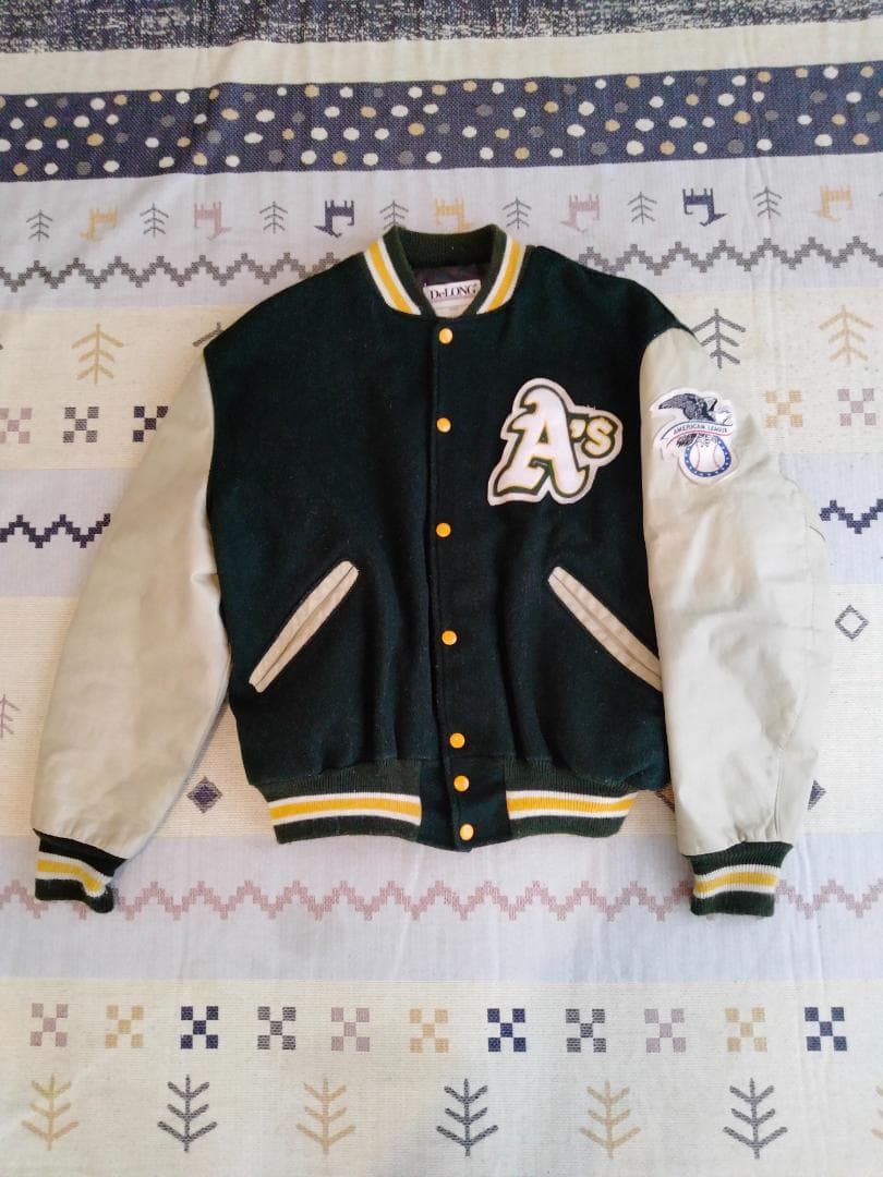ビンテージデロングオークランドアスレチックス両面ワッペン付き袖革スタジャン46
