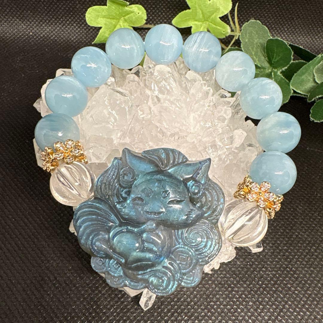 ＊いちごウサギ様＊【良質】ラブラドライト　九尾狐　アクアマリン　ブレスレット