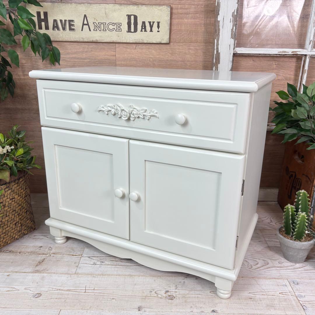 訳あり品！【113】フレンチカントリー北欧調ホワイト扉キャビネット木製飾り棚収納