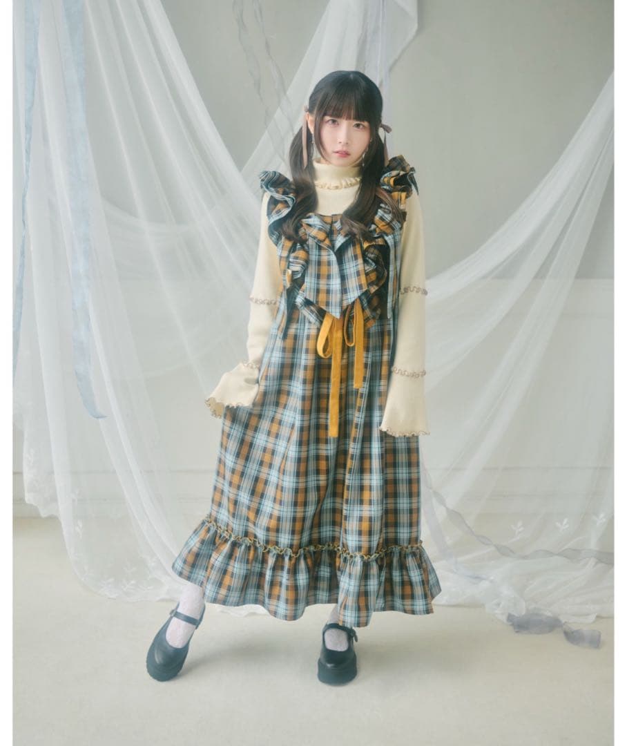 クティール フリルリボンハーネス ２WAYベロアリボンチェックジャンパースカート
