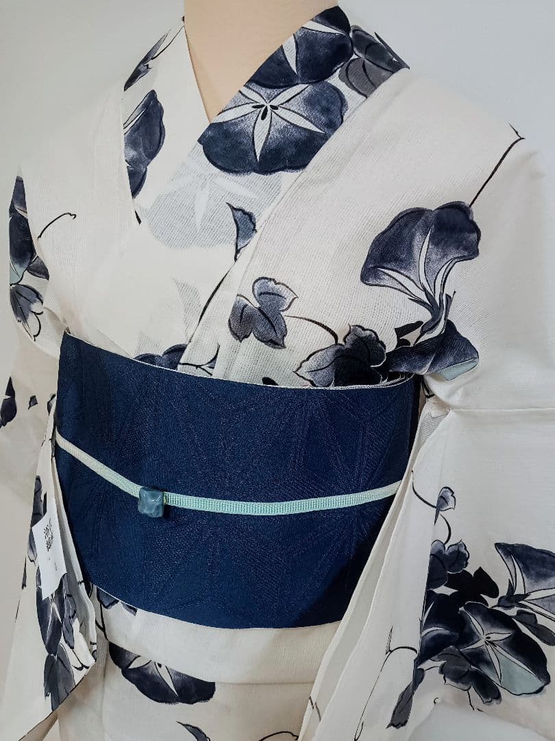 綿麻ゆかた　白地　くすみ朝顔　裄70cm