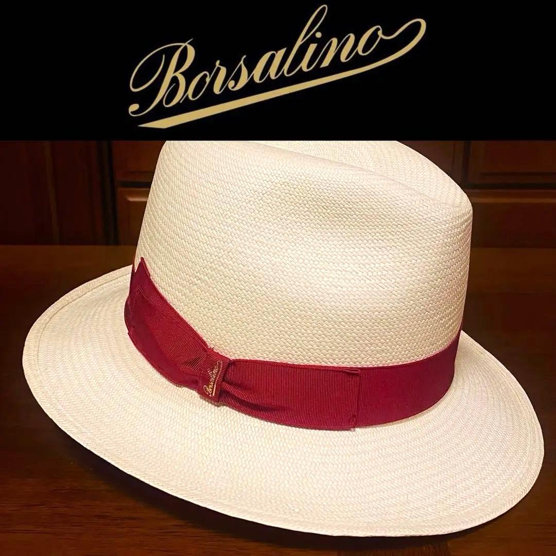 【新品 定価4万円台】ボルサリーノ★高級パナマハット★赤リボン★M/実寸58cm
