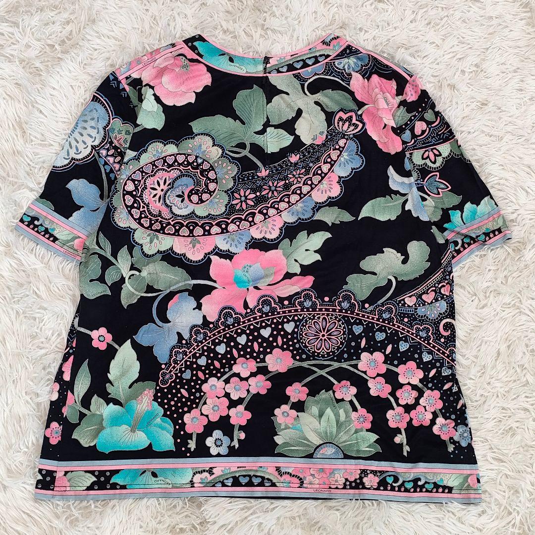 レオナール カットソー 黒 ピンク 花柄 プリント 大きいサイズ 42