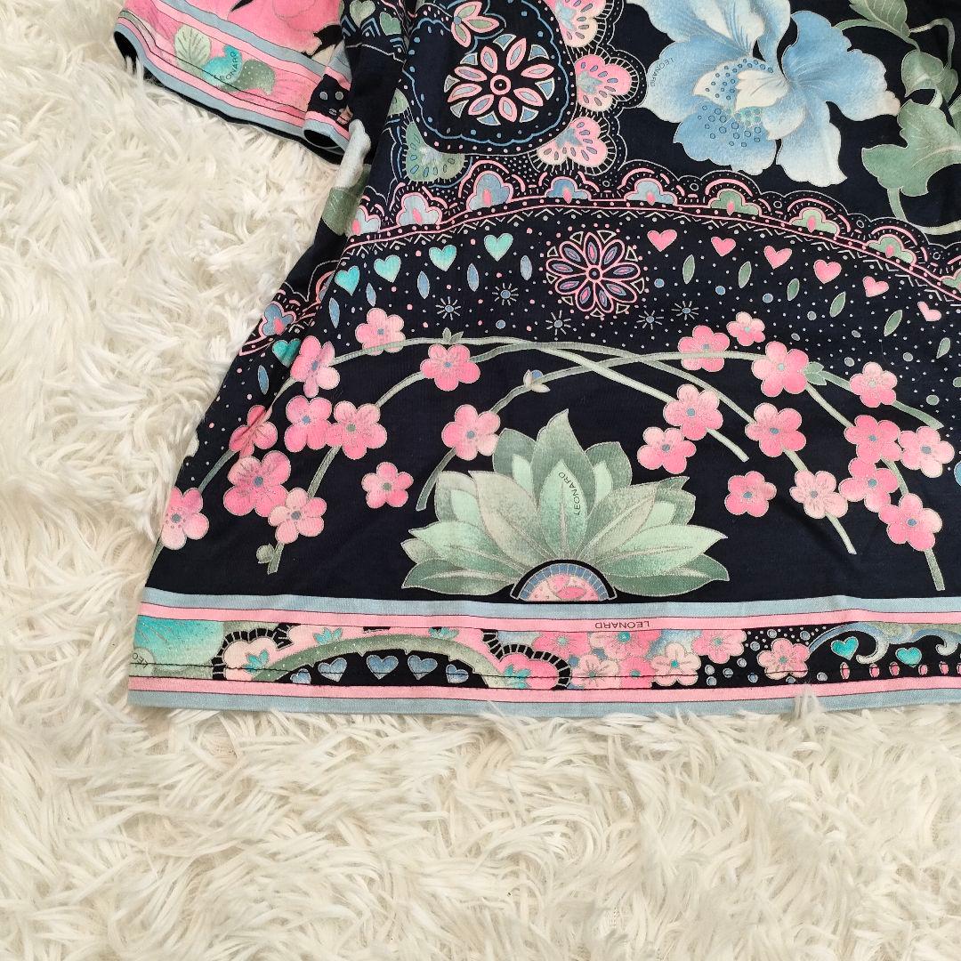 レオナール カットソー 黒 ピンク 花柄 プリント 大きいサイズ 42