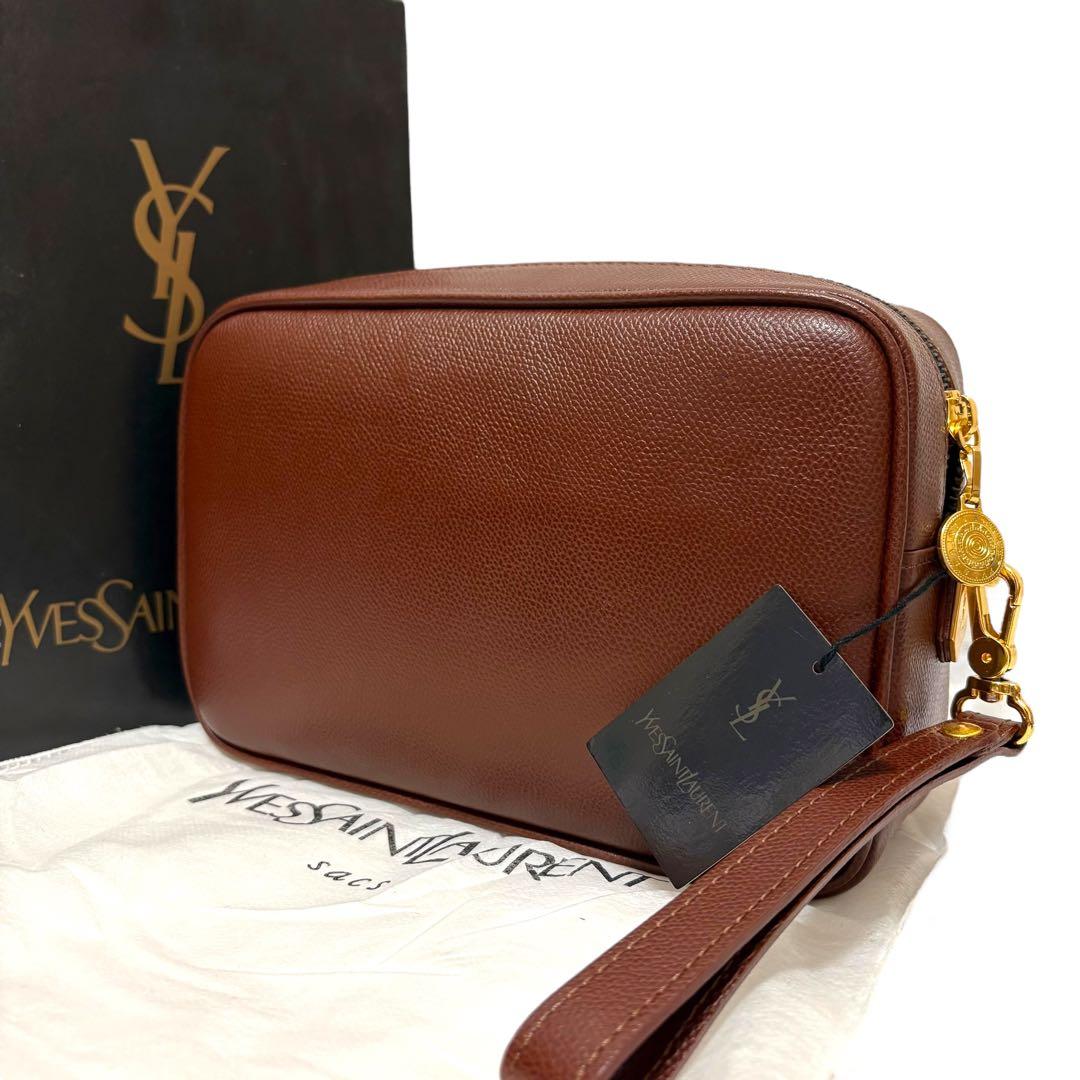 【未使用級✨】イヴサンローラン クラッチバッグ レザー 茶色 箱袋カード付