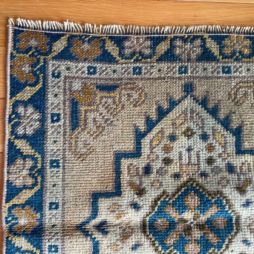 54×51㎝◇トルコヴィンテージラグ　ブラウン　ブルー　幾何学模様611