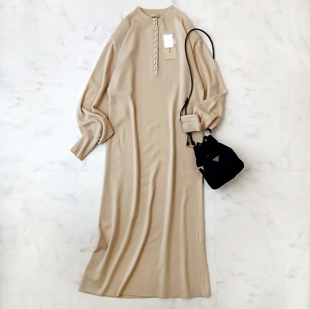 未使用タグ付 カレンソロジー 上品 パールフロントニットワンピース 毛 ベージュ