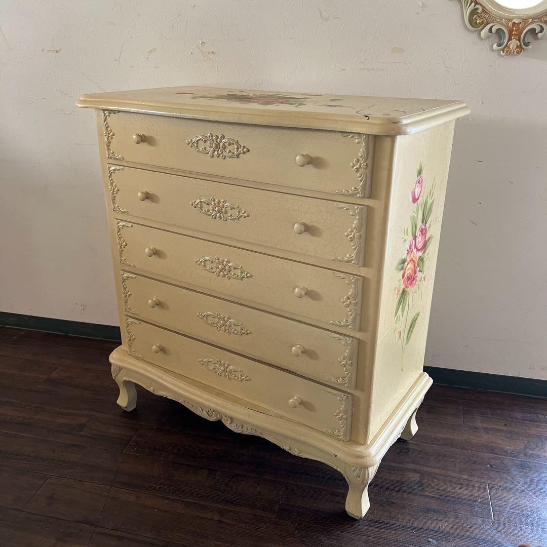 k016r122 ロココ調 ブーケ柄のチェスト 猫脚 クラック加工 クラシカル