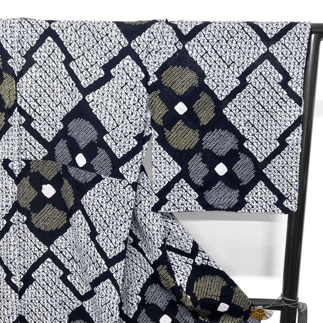 浴衣　有松鳴海絞り　松川菱　花模様　ネイビー　系　着物　042w p